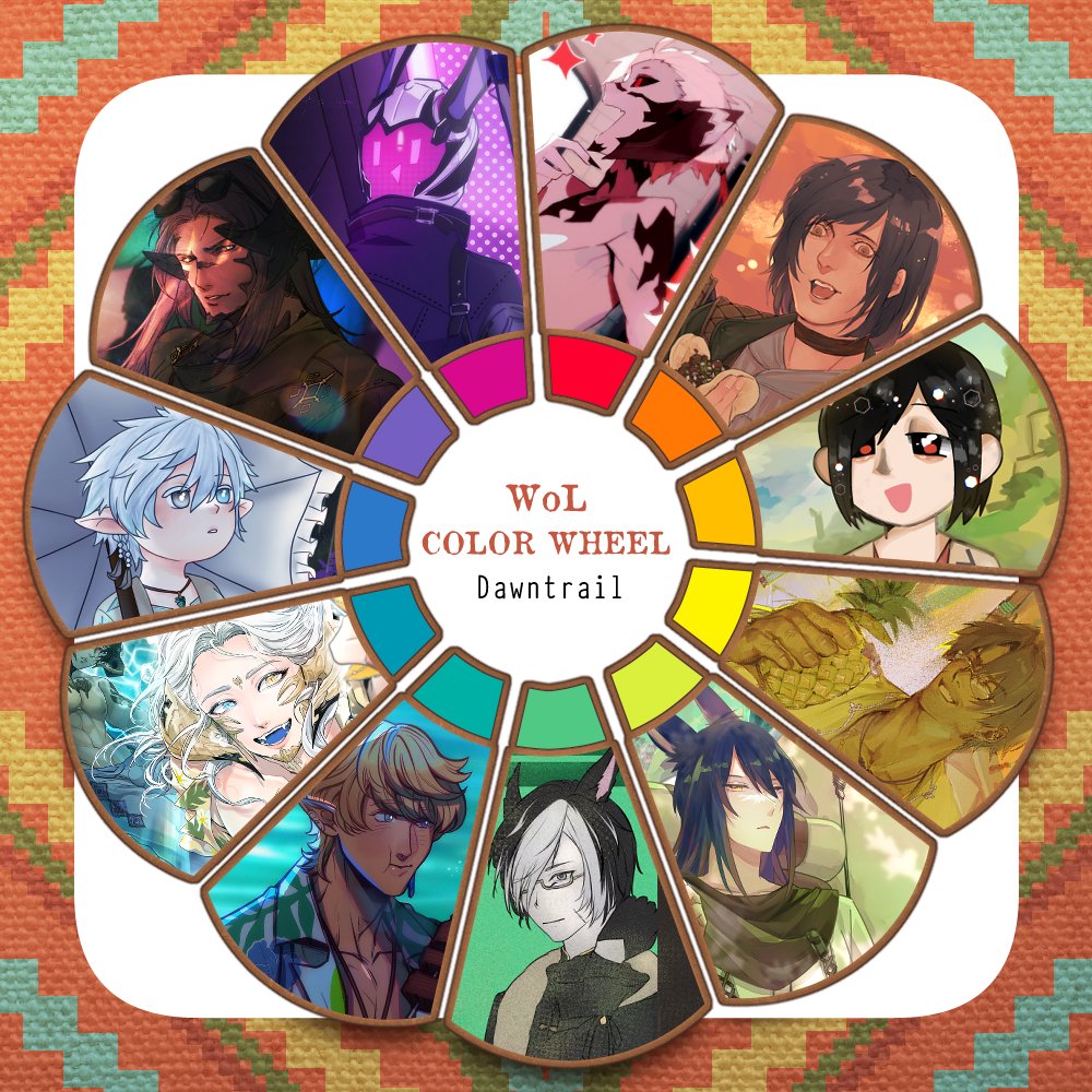 intridox's tweet photo. WoL color wheel : Dawntrail #FFXIV 
Warrior of light holiday at the southern island! (?) 

Thank you everyone for joining the color wheel party. It's my first time hosting one. Fulfilling my wish to see other's wol.

check full pic of each person in quote.member in mention down👇 https://t.co/wUqXfIQjcy