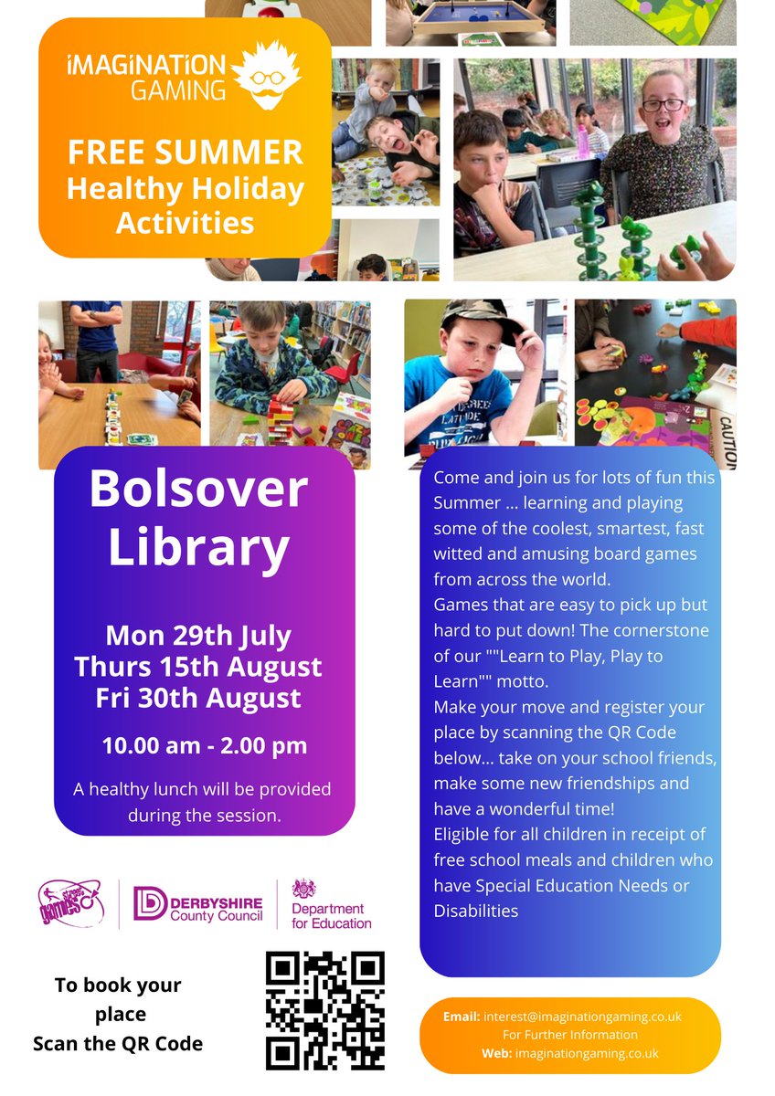DerbyshireLibs's tweet photo. Join #ImaginationGaming at Bolsover Library to play the coolest board games. Sessions run 10am-2pm on 15th &amp; 30th August. Places available for children who have free school meals, SEN &amp; disabilities. A healthy lunch is provided. Book at https://t.co/CZ5Nz9IhHZ https://t.co/k5KcCVs588