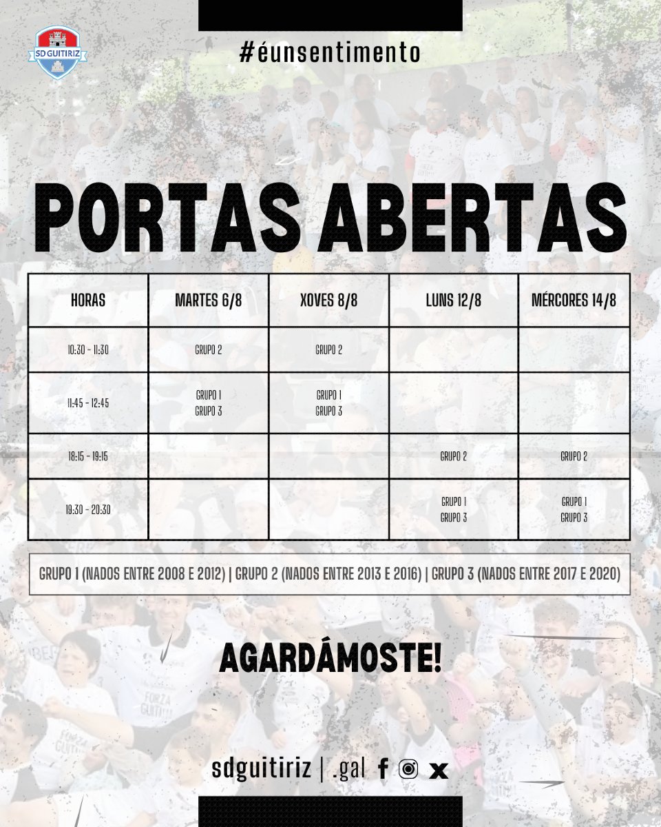 A #SDGuitiriz abre as súas portas!

Estos son os horarios para as xornadas de portas abertas que darán comezo mañá martes ás dez e media da mañá e rematarán o mercares 14 de agosto ás oito e media da tarde.

Agardámoste no #SusoCruz! ⚽

#éunsentimento🤍