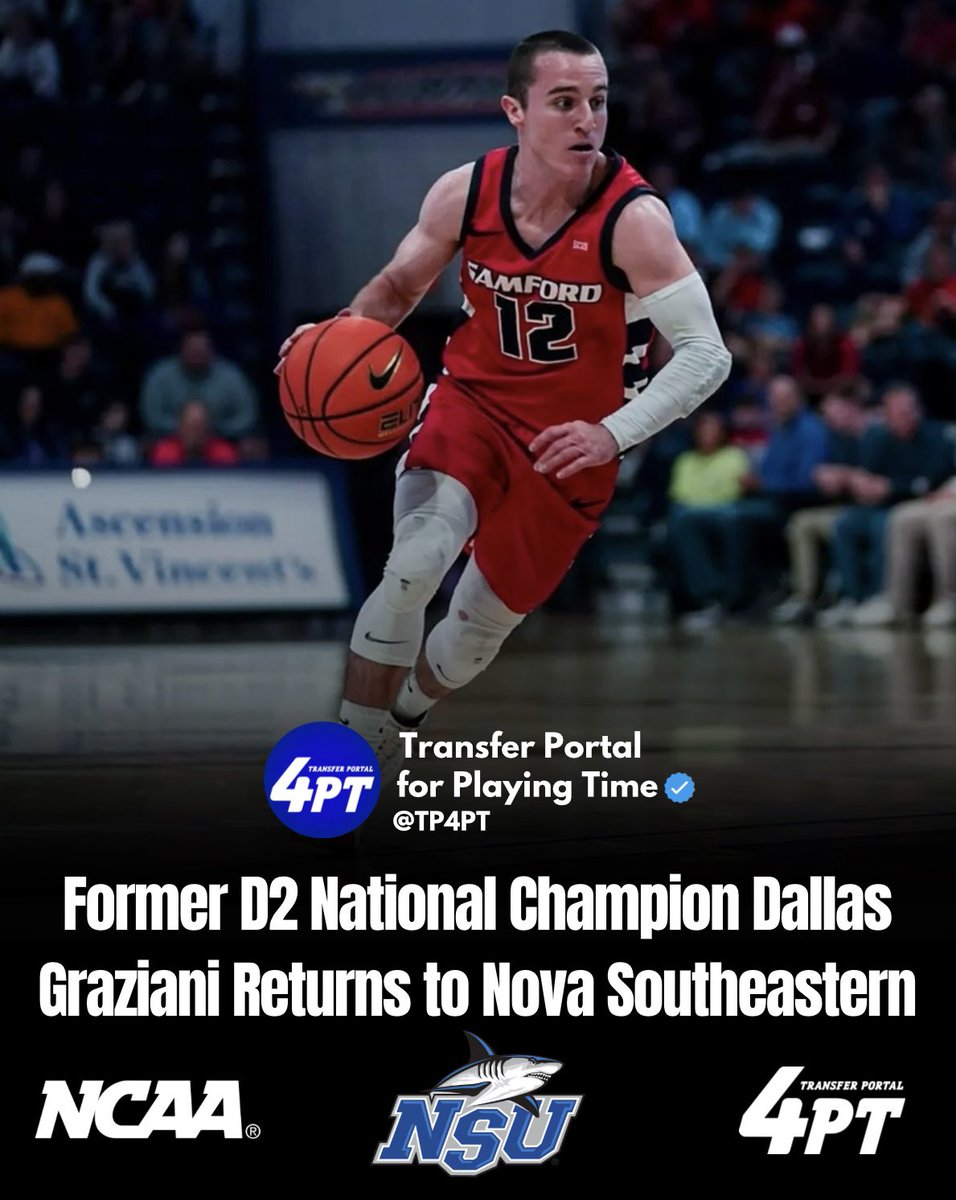 TP4PT's tweet photo. TP Commit: Samford transfer Dallas Graziani has committed to Nova Southeastern.

Graziani returns to NSU, where he started all 36 games and averaged 11.3 points, 6.7 assists, and 3.3 boards, leading the Sharks to a Division II National Championship as a redshirt freshman in 2022-23.

Graziani started all 35 games at Samford this year where he averaged 4.1 points, 2.6 assists, and 1.4 boards for the Bulldogs.

#TP4PT #TransferPortal