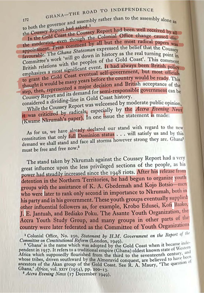 mytheoz's tweet photo. NKRUMAH FOUNDED MODERN GHANA
============================
EXCERPTS FROM CHAPTER 10 (PAGES 162-202) OF “GHANA: THE ROAD TO INDEPENDENCE, 1919-1957” BY F. M. BOURRET (PUBLISHED IN 1960)

1. Bourret states on page 162 of his book "Ghana: The Road to Independence, 1919-1957” that  of “all the steps taken towards the goal of political autonomy during this period, the MOST NOTABLE, however, was THE 1946 [BURNS] CONSTITUTION with its provision for a clear African majority on the legislative council and for a legislative union between the Colony and Ashanti.”

2. Ashanti had always preferred a FEDERAL STATE/REPUBLIC since the 1940s. Sir Frederick Bourne's report in 1955 advised against federation as being unsuitable for so small a country but recommended dilution of power to regional assemblies.

3. The 1946 constitution failed after the 1948 riots – a developing wage-earning class mobilised politically and socially. Scarcely a year after the inauguration of the 1946 constitution, certain groups were dissatisfied and, in August 1947, set up the United Gold Coast Convention (UGCC). Its members, under the direction of Mr George Grant- and Dr Danquah, were drawn from the upper middle class, mostly lawyers and merchants…The UGCC members [mostly elites] wanted self-government at the “earliest opportunity” and thought/took it for granted that “they would retain their leadership as the country advanced towards independence.”

4. But this all changed when Dr Kwame Nkrumah became the Secretary of the UGCC in December 1947. Late in 1947, one of the Accra subchiefs, Nii Bonne, began to organize a boycott campaign to force prices to be lowered. It started in January 1948, but it was difficult to get the people to obey its regulations. Finally, at the end of February, the Accra Chamber of Commerce agreed to reduce prices, and on the 28th, retail buying was resumed. On the same day, a group of ex-servicemen planned to hold a parade but were shot at, with 2 killed and about 5 others wounded at the Junction to Christianborg Castle.

5. The 1948 Watson Report recommended more autonomy for the Gold Coast. In January 1949, the government appointed an all-African committee under the chairmanship of the 55-year-old Sir. Henley Coussey. The 38 members included chiefs and people from all parts of the country, among them all of the 'Big Six' except Nkrumah. The group represented all sections of public opinion except the most radical. In other words, they wanted to dialogue with the moderates and not the likes of Nkrumah, who had become more radical in his approach at this time. Things might have been different had they included Nkrumah in the Coussey Committee.

6. The October 1949 Coussey Report became the basis of the 1951 Constitution. While the Coussey Report was welcomed by more moderate public opinion, it was CRITICIZED by radicals, especially by the Accra Evening News (Kwame Nkrumah's paper). NKRUMAH WANTED FULL DOMINION (INDEPENDENCE), NOT SEMI-INDEPENDENCE, as some of the moderates (including those in the UGCC elites camp) wanted.

7.  UGCC folks felt Nkrumah betrayed them (page 173) by using his general secretary position to build a personal following. In September 1954, a new National Liberation Movement (N.L.M.) emerged in Ashanti over issues of cocoa prices afforded to farmers. There were a series of violent clashes between CCP and NLM members in 1954 and 1955. Many of the NLM leaders were ex-CPP members.

8. After the Togoland problem was settled via the plebiscite, the crucial general election required by Mr Lennox Boyd to ascertain whether the NKRUMAH INDEPENDENCE PROPOSALS were supported by a reasonable majority was announced for 12 and 17 July 1956. The election results were so significant that they satisfied the British Government to eventually grant independence to the new nation called Ghana.

9. The final draft of the 1957 constitution maintained a UNITARY STATE, although Nkrumah made some concessions to opposition demands (page 199). The new constitution was signed by HM Queen Elizabeth II on 2 February 1957.

10. Nkrumah is the founder of modern Ghana, although the name Ghana existed for several decades before going to Rev JM Anaman's days in the late 1890s. There was also even an opposition “Ghana Congress Party (GCP)”, which had been the leading opposition party under the 1951 constitution – this was the party of the UGCC, which represented the position of the Chiefs and other older intelligentsia. The records show that the opposition parties at the time wanted a semi-autonomous state and not the UNITARY REPUBLIC known as Ghana today. Yes, they played a role in fine-tuning the constitution and making other suggestions. However, the Ghana we know today would not have existed, but for Nkrumah's constant agitation for full independence and a unitary state, not a federal one. We can argue the merits of unitary vs federal, but we must stay true to the historical records.

MAIN REFERENCE
---Bourret, F. M. (1962). Ghana: The road to independence, 1919-1957. London: Oxford University Press. pp 160-202

NB: I've made Chapter 10 of the book available for download at https://t.co/KsDDpusy7k