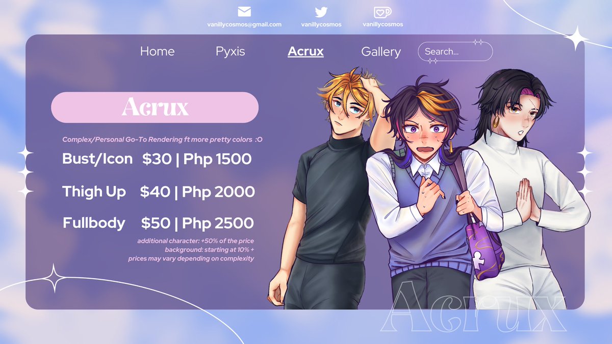 vanillycosmos's tweet photo. ꒰ ☆ ‧₊ C0MMS OPEN ₊˚💫 ꒱

Likes and reposts are deeply appreciated!! 🥺💜

I'm going to post this scared 😭 but I will be opening slots to save up for my food funds and uni c:

☆ slots are open until further notice
☆ dm/e-mail me for inquiries
☆ more links and info below https://t.co/U5ec3Vxa4n