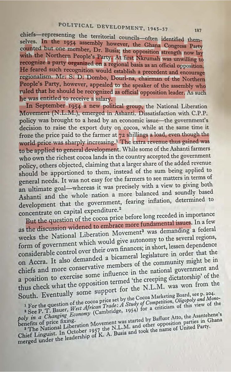 mytheoz's tweet photo. NKRUMAH FOUNDED MODERN GHANA
============================
EXCERPTS FROM CHAPTER 10 (PAGES 162-202) OF “GHANA: THE ROAD TO INDEPENDENCE, 1919-1957” BY F. M. BOURRET (PUBLISHED IN 1960)

1. Bourret states on page 162 of his book "Ghana: The Road to Independence, 1919-1957” that  of “all the steps taken towards the goal of political autonomy during this period, the MOST NOTABLE, however, was THE 1946 [BURNS] CONSTITUTION with its provision for a clear African majority on the legislative council and for a legislative union between the Colony and Ashanti.”

2. Ashanti had always preferred a FEDERAL STATE/REPUBLIC since the 1940s. Sir Frederick Bourne's report in 1955 advised against federation as being unsuitable for so small a country but recommended dilution of power to regional assemblies.

3. The 1946 constitution failed after the 1948 riots – a developing wage-earning class mobilised politically and socially. Scarcely a year after the inauguration of the 1946 constitution, certain groups were dissatisfied and, in August 1947, set up the United Gold Coast Convention (UGCC). Its members, under the direction of Mr George Grant- and Dr Danquah, were drawn from the upper middle class, mostly lawyers and merchants…The UGCC members [mostly elites] wanted self-government at the “earliest opportunity” and thought/took it for granted that “they would retain their leadership as the country advanced towards independence.”

4. But this all changed when Dr Kwame Nkrumah became the Secretary of the UGCC in December 1947. Late in 1947, one of the Accra subchiefs, Nii Bonne, began to organize a boycott campaign to force prices to be lowered. It started in January 1948, but it was difficult to get the people to obey its regulations. Finally, at the end of February, the Accra Chamber of Commerce agreed to reduce prices, and on the 28th, retail buying was resumed. On the same day, a group of ex-servicemen planned to hold a parade but were shot at, with 2 killed and about 5 others wounded at the Junction to Christianborg Castle.

5. The 1948 Watson Report recommended more autonomy for the Gold Coast. In January 1949, the government appointed an all-African committee under the chairmanship of the 55-year-old Sir. Henley Coussey. The 38 members included chiefs and people from all parts of the country, among them all of the 'Big Six' except Nkrumah. The group represented all sections of public opinion except the most radical. In other words, they wanted to dialogue with the moderates and not the likes of Nkrumah, who had become more radical in his approach at this time. Things might have been different had they included Nkrumah in the Coussey Committee.

6. The October 1949 Coussey Report became the basis of the 1951 Constitution. While the Coussey Report was welcomed by more moderate public opinion, it was CRITICIZED by radicals, especially by the Accra Evening News (Kwame Nkrumah's paper). NKRUMAH WANTED FULL DOMINION (INDEPENDENCE), NOT SEMI-INDEPENDENCE, as some of the moderates (including those in the UGCC elites camp) wanted.

7.  UGCC folks felt Nkrumah betrayed them (page 173) by using his general secretary position to build a personal following. In September 1954, a new National Liberation Movement (N.L.M.) emerged in Ashanti over issues of cocoa prices afforded to farmers. There were a series of violent clashes between CCP and NLM members in 1954 and 1955. Many of the NLM leaders were ex-CPP members.

8. After the Togoland problem was settled via the plebiscite, the crucial general election required by Mr Lennox Boyd to ascertain whether the NKRUMAH INDEPENDENCE PROPOSALS were supported by a reasonable majority was announced for 12 and 17 July 1956. The election results were so significant that they satisfied the British Government to eventually grant independence to the new nation called Ghana.

9. The final draft of the 1957 constitution maintained a UNITARY STATE, although Nkrumah made some concessions to opposition demands (page 199). The new constitution was signed by HM Queen Elizabeth II on 2 February 1957.

10. Nkrumah is the founder of modern Ghana, although the name Ghana existed for several decades before going to Rev JM Anaman's days in the late 1890s. There was also even an opposition “Ghana Congress Party (GCP)”, which had been the leading opposition party under the 1951 constitution – this was the party of the UGCC, which represented the position of the Chiefs and other older intelligentsia. The records show that the opposition parties at the time wanted a semi-autonomous state and not the UNITARY REPUBLIC known as Ghana today. Yes, they played a role in fine-tuning the constitution and making other suggestions. However, the Ghana we know today would not have existed, but for Nkrumah's constant agitation for full independence and a unitary state, not a federal one. We can argue the merits of unitary vs federal, but we must stay true to the historical records.

MAIN REFERENCE
---Bourret, F. M. (1962). Ghana: The road to independence, 1919-1957. London: Oxford University Press. pp 160-202

NB: I've made Chapter 10 of the book available for download at https://t.co/KsDDpusy7k