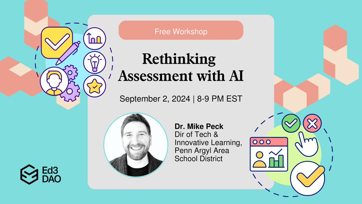 Ed3DAO (@ed3dao) on Twitter photo ๐ Dive into the future of education with <a href="/EdTechPeck/">Mike Peck, Ed. D.๐ก๏ธ</a>, Dir of Tech & Innovative Learning at Penn Argyl Area School District! Learn how AI is revolutionizing assessments in our "Rethinking Assessment with AI" workshop. Sign up now! ๐โจ #AI #EdTech
๐ bit.ly/3A85Da7 ๐ Dive into the future of education with <a href="/EdTechPeck/">Mike Peck, Ed. D.๐ก๏ธ</a>, Dir of Tech & Innovative Learning at Penn Argyl Area School District! Learn how AI is revolutionizing assessments in our "Rethinking Assessment with AI" workshop. Sign up now! ๐โจ #AI #EdTech
๐ bit.ly/3A85Da7