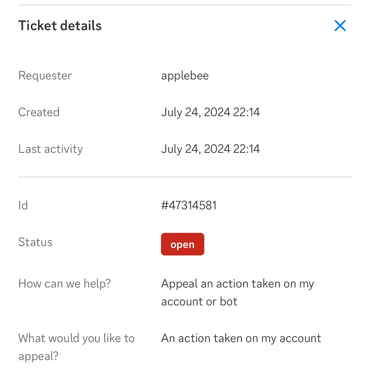 applebee1558's tweet photo. @discord This is absolutely ridiculous, waiting over 10 days for just the initial response on a ticket. Support on twitter then tells me they can’t do anything about it. https://t.co/pJO2nMaGul