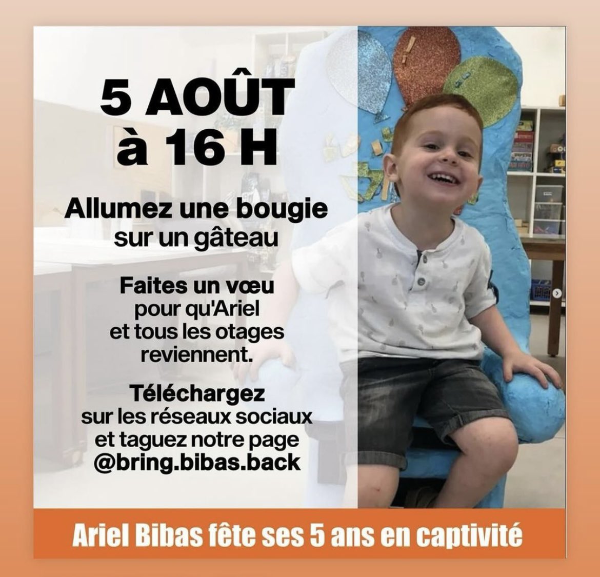 JeremBenhaim's tweet photo. Il est 16 heures.

Pour les 5 ans d’Ariel Bibas, du fond du cœur, je fais le vœu qu’il rentre le plus vite possible à la maison avec tous les autres otages.

Joyeux anniversaire Ariel. Nous t’aimons et pensons très fort à toi aujourd’hui. 🧡

#BringThemHomeNow🎗️ https://t.co/ZKfBfDv9a4