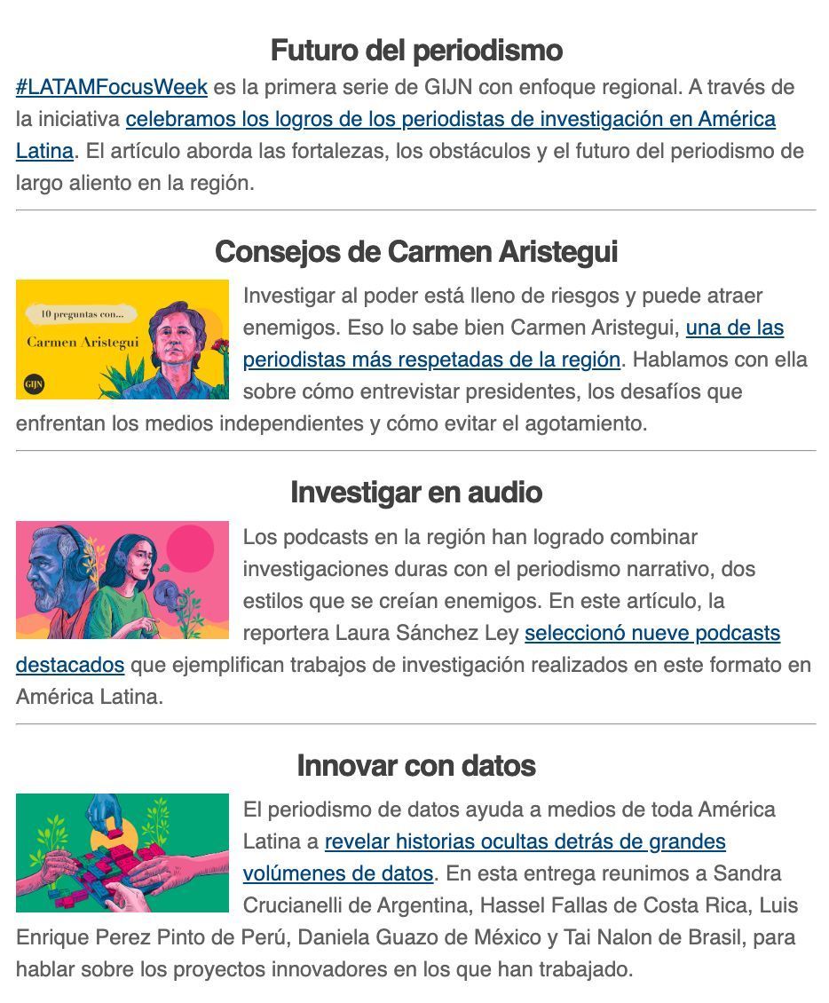 gijnEs's tweet photo. ¡Lee el #BoletínGIJN de julio de @GIJNEs! 📨 📨 📨
En esta edición publicamos sobre #LATAMFocusWeek
🔗 Futuro del periodismo
🔗 Consejos de Carmen Aristegui
🔗 Investigar en audio
🔗 Innovar con datos
Además de lo mejor del periodismo de investigación https://t.co/QfcFfQU5hQ https://t.co/YZMdUC9a8l