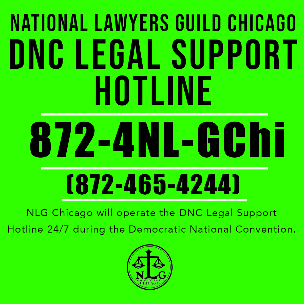 NLGChicago's tweet photo. WRITE THIS NUMBER DOWN! 

NLG members will be staffing our legal support hotline 24/7 during the DNC. We will be connecting protesters with attorneys for in-custody legal visits and representation in court. https://t.co/spx9mNCfhF