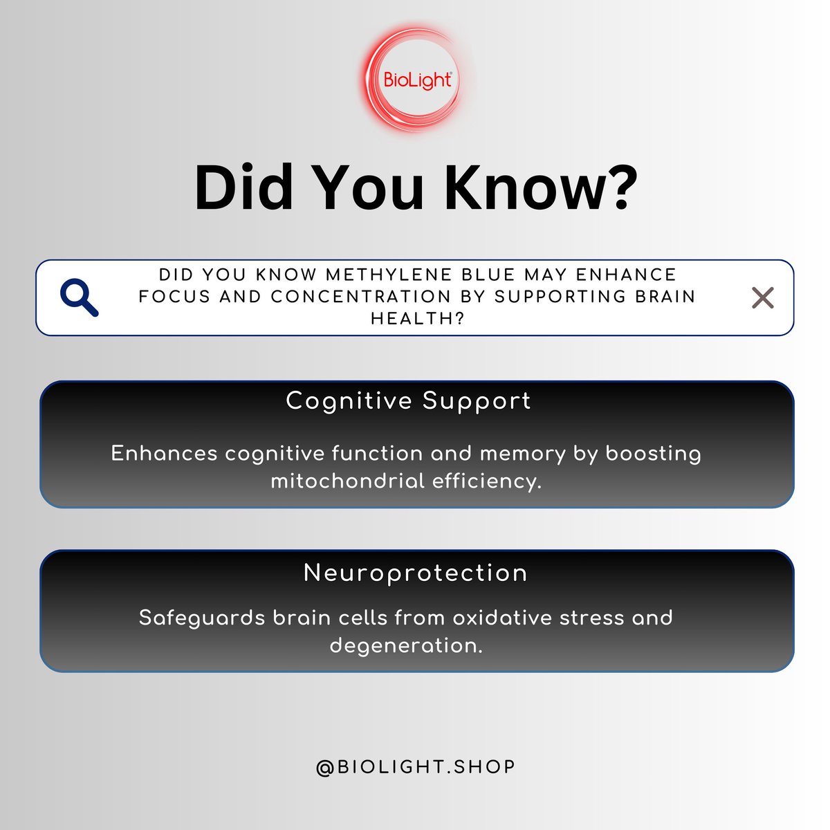 BioLightShop's tweet photo. ๐ง Did you know? Methylene Blue enhances focus by supporting brain health.
๐ Boosts cognitive function and memory by enhancing mitochondrial efficiency.
๐ก๏ธ Protects brain cells from oxidative stress and degeneration.
Elevate your brain power! #Focus #BrainHealth #BioLight https://t.co/TfbHMVgGMi