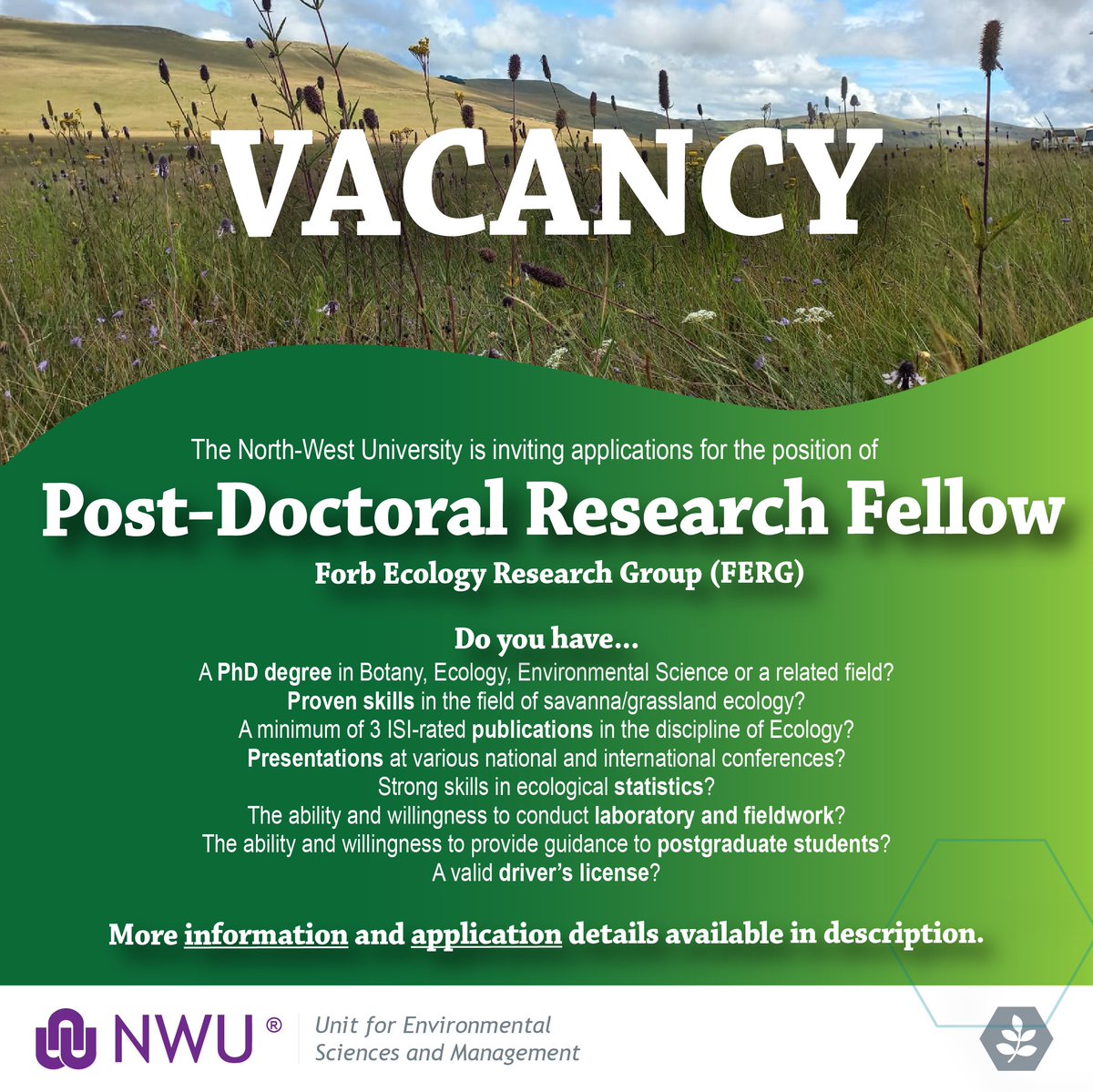 VACANCY: Postdoctoral Research Fellow - Forb Ecology Research Group (FERG)    

More information and application details: natural-sciences.nwu.ac.za/sites/natural-…

#Forbs #wildflowers #grassland #savanna #vegetation #ecology #plants #research #environmentalscience #vacancy #jobopportunity