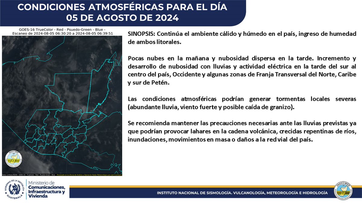 #ClimaGT Continúa ambiente cálido y húmedo. Incremento y desarrollo de nubosidad con lluvias y actividad eléctrica en horas de la tarde del Sur al Centro del país, Occidente y algunas zonas de Franja Transversal del Norte, Caribe y Sur de Petén.

Fuente: <a href="/insivumehgt/">INSIVUMEH</a>.