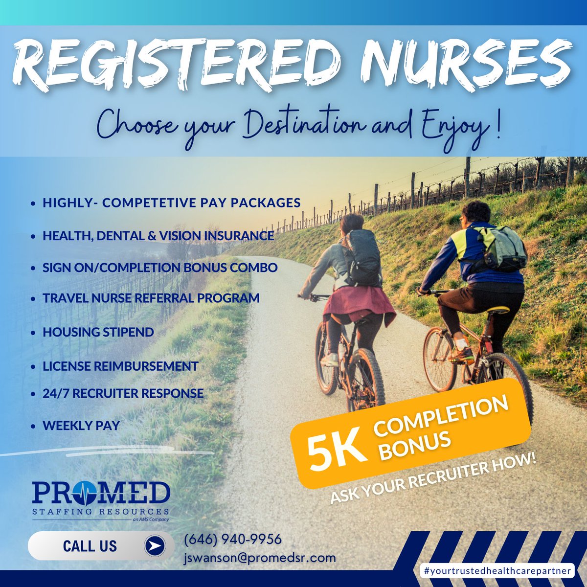 Exciting news from ProMed Staffing Resources: We’re offering a $5,000 #completionbonus for all acute care #nurses who join our #RN team now! Call Jessica at (646) 940-9956 or email her at jswanson@promedsr.com

#travelnurse #travelrn #hiring #hiringnow #nurselife #promedsr
