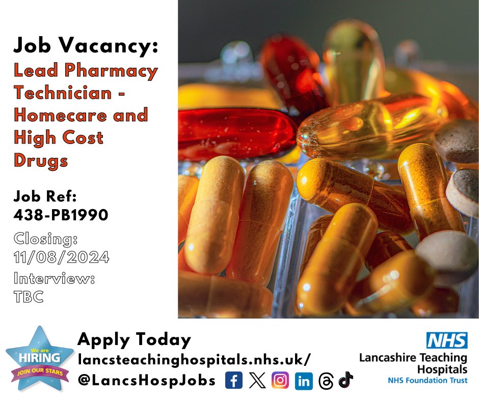Lancashire Teaching Hospitals Jobs 💙 (@lancshospjobs) on Twitter photo Job Vacancy: Lead #Pharmacy Technician - Homecare and High Cost Drugs <a href="/pharmacylthtr/">Pharmacy@LTHTR</a>
⏰Closes: 11/08/2024
Read more and apply: lancsteachinghospitals.nhs.uk/join-our-workf…
#NHS #NHSjobs #Lancashire #Preston #Band6 Job Vacancy: Lead #Pharmacy Technician - Homecare and High Cost Drugs <a href="/pharmacylthtr/">Pharmacy@LTHTR</a>
⏰Closes: 11/08/2024
Read more and apply: lancsteachinghospitals.nhs.uk/join-our-workf…
#NHS #NHSjobs #Lancashire #Preston #Band6