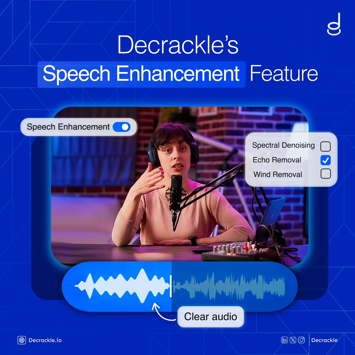decrackle's tweet photo. Take your audio to the next level with our Decrackle’s AI-powered cutting-edge audio enhancement  technology. From noise reduction to echo removal, make your audio sound professional . 

Visit our website https://t.co/cayKlFOC9k

#Decrackle #EnhancedAudio https://t.co/Y3Ut7SdhWG