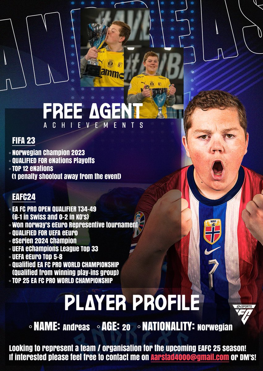 My contract with Raufoss has expired I would like to thank them for everything they have done for me!❤️

I’m now Looking for a Club/Organisation to represent for the upcoming EAFC 25 season🙏🏼If interested please contact me at aarstad4000@gmail.com or DM’s🤝