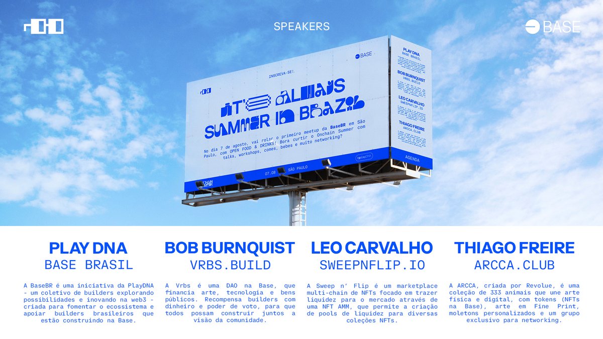 Faltam só dois dias para o primeiro meetup da @basebr_ e vocês precisam conhecer o time que vai estar com a gente no evento! 🔥

<a href="/bobburnquist/">@bobburnquist</a> + <a href="/VrbsDAO/">Vrbs ▀▄▀</a> [DAO na Base]
<a href="/leoircarvalho/">Leo ⚡️</a> + <a href="/SweepnFlip/">Sweep n' Flip</a> [NFT DEX na Base]
<a href="/tfreirem/">Freire ᛤ</a> + <a href="/ArccaClub/">Arcca Club</a> [NFTs na Base]

+