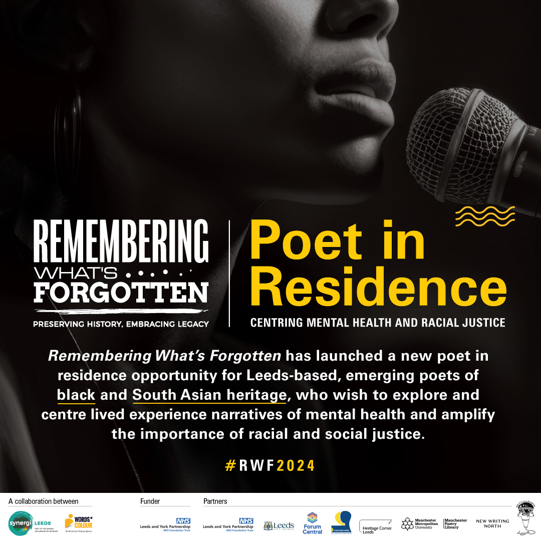 REMINDER: Still time to apply for #RWF2024 #poet in residence opportunity in #Leeds to produce original work. Supported by a bursary, @mcrpoetrylib, @newwritingnorth, @wordsofcolour and #SynergiLeeds; centring #mentalhealth and #racialjustice. bit.ly/RWFpoetinresid…