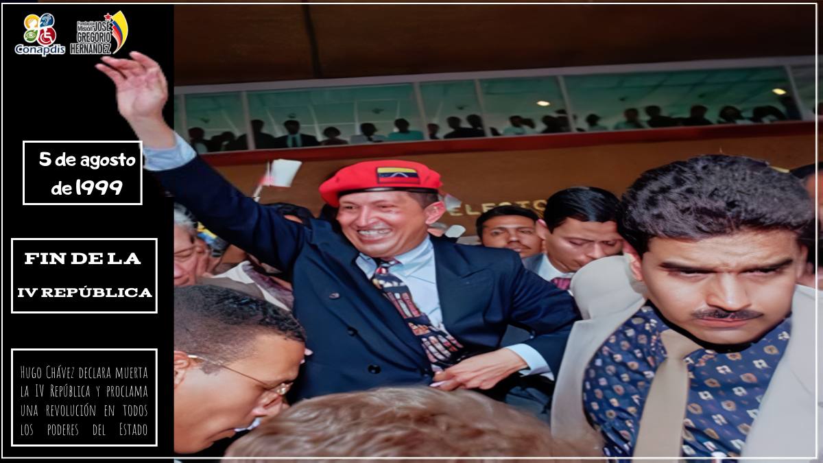 Tal día como hoy #5Ago de 1999 el Cmte. Hugo Chávez declaraba la muerte de la IV República y proclamaba una Revolución con intervención en todos los poderes del Estado, a #25Años de aquella sesión de la Asamblea Nacional Constituyente de Venezuela. 
<a href="/NicolasMaduro/">Nicolás Maduro</a>