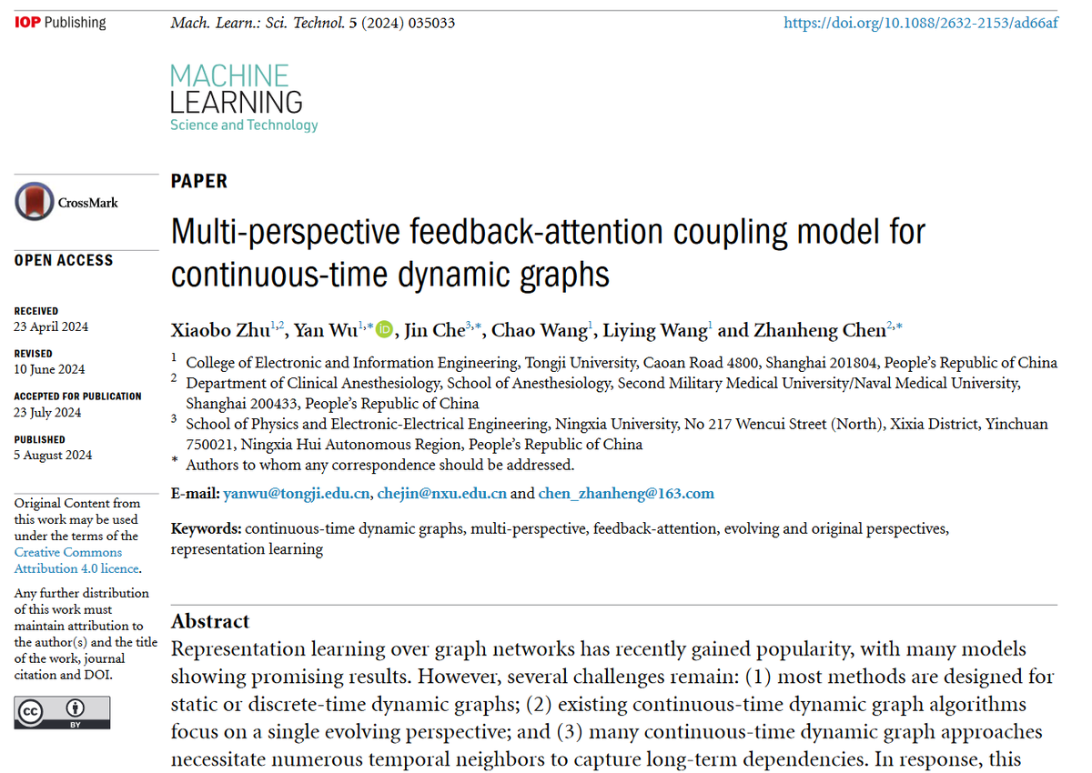 MLSTjournal's tweet photo. Great new work by Xiaobo Zhu et al @university_tj @Ningxia_Uni - 'Multi-perspective feedback-attention coupling model for continuous-#timedynamic #graphs' - https://t.co/HpmT4eUD9X #machinelearning #neuralnetworks #complexity #dynamicalsystems #networks https://t.co/d7UQ5kpzWa