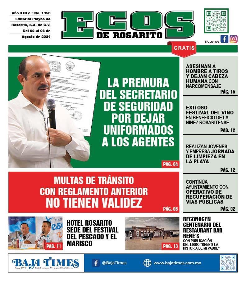 #Ecos1950
Ecos de Rosarito No. 1950 Disponible📰
¡Ya se encuentra en circulación la edición impresa de esta semana!

También puedes acceder a nuestro periódico interactivo 🌐: ecosderosarito.com/wp/wp-content/…