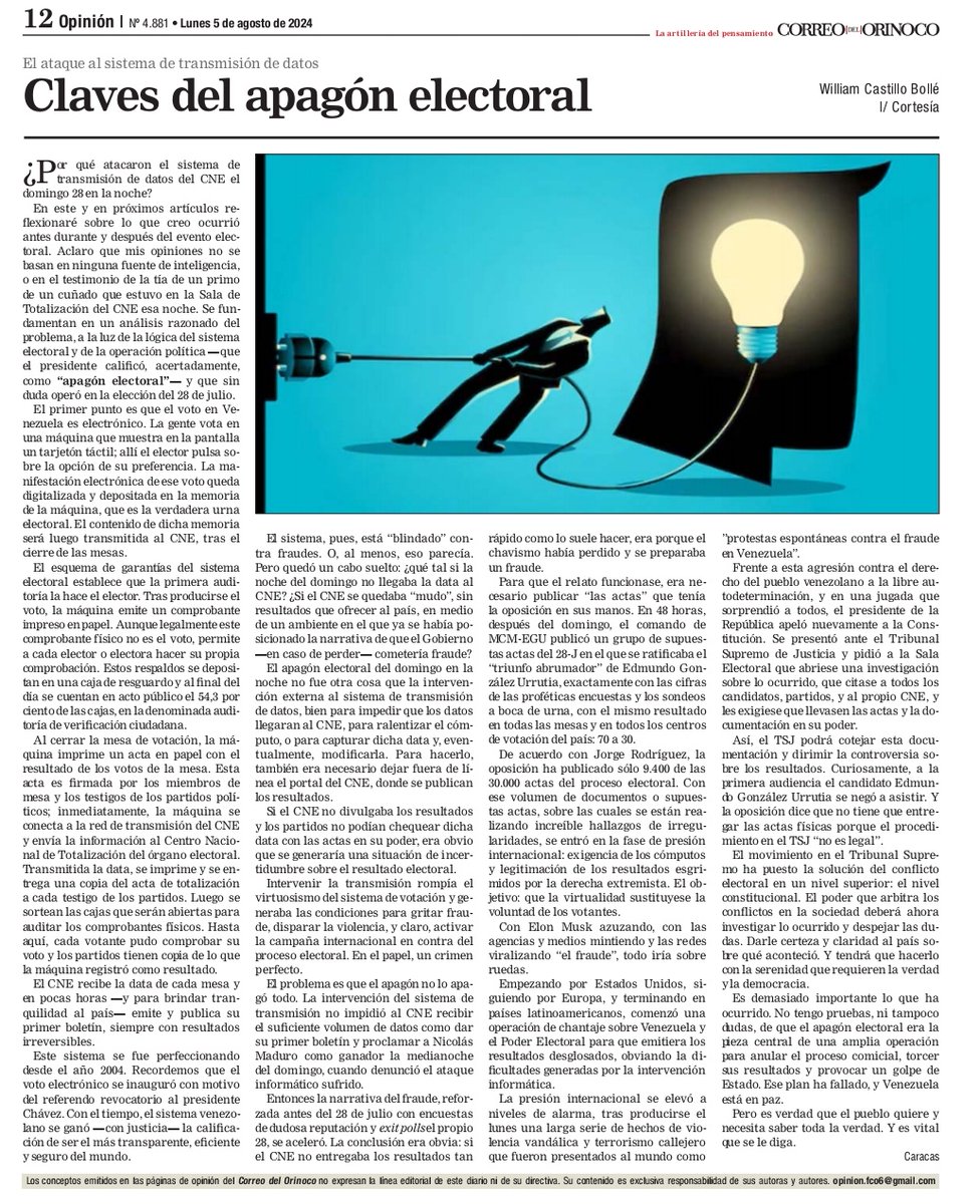 #Artículo📰 "Claves del apagón electoral"  William Castillo <a href="/planwac/">William Castillo Bollé</a> #Opinión <a href="/diario_orinoco/">Correo del Orinoco 📰</a>  #5Ago disponible en:
🔗correodelorinoco.gob.ve/wp-content/upl…

#PatriaSoberanaYPlena 

<a href="/AntibloqueoVen/">AntibloqueoVenezuela</a> 
<a href="/planwac/">William Castillo Bollé</a>
