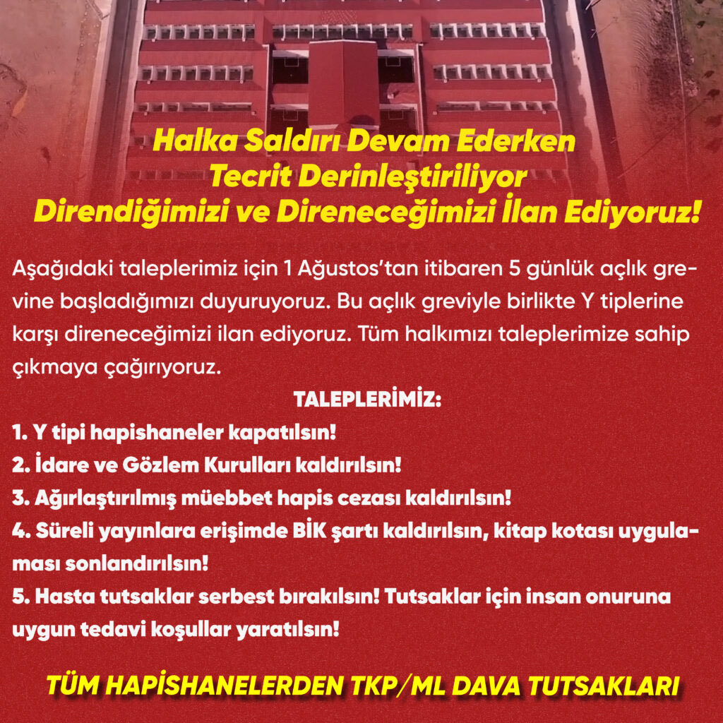 RedHeraldRepost's tweet image. Turkey: 5-day hunger strike

“TKP/ML PRISONERS FROM ALL PRISONS: While the Attack on the People Continues, Isolation Is Deepening. We Declare That We Resist and Will Resist!”

redherald.org/2024/08/03/tur…