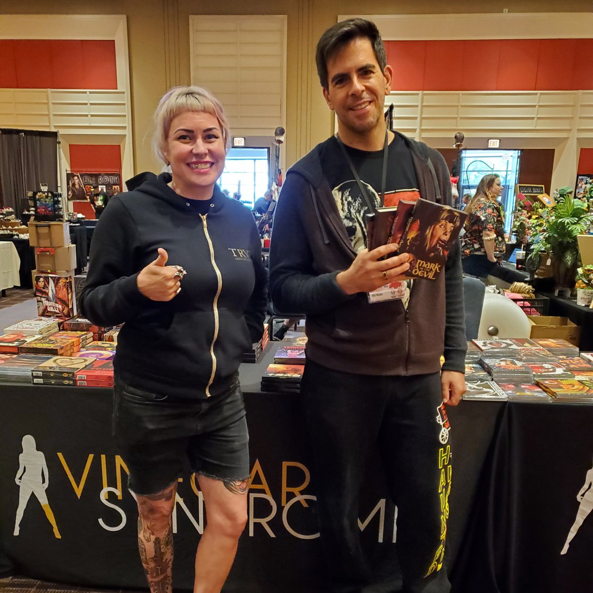 One of our favorite directors stopped by the Vinegar Syndrome table at <a href="/FBWHorrorCon/">Flashback Weekend Chicago Horror Con</a> to pick up a few titles, including MARK OF THE DEVIL and A BLADE IN THE DARK. Thank you for supporting physical media  @eliroth!