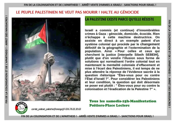 samedi 17 août 2024 - Poitiers - Rassemblement Palestine à Poitiers dlvr.it/TBWgt0