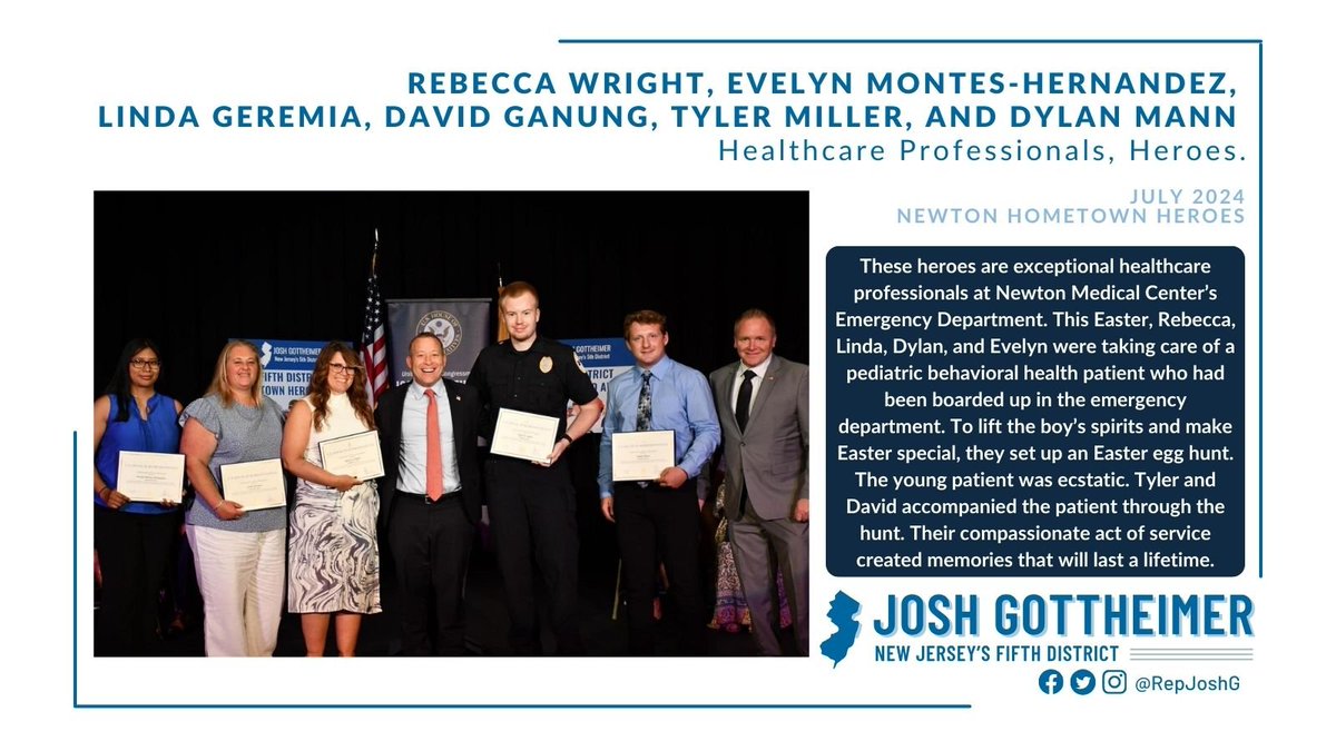 Rep Josh Gottheimer (@repjoshg) on Twitter photo Congratulations to Rebecca, Linda, Evelyn, David, Tyler, and Dylan on being #NJ5HometownHeroes! They went above and beyond to make a pediatric patient’s Easter holiday special.
Thank you to <a href="/AtlanticHealth/">Atlantic Health</a>'s Bob Adams for nominating these incredible members of our community! Congratulations to Rebecca, Linda, Evelyn, David, Tyler, and Dylan on being #NJ5HometownHeroes! They went above and beyond to make a pediatric patient’s Easter holiday special.
Thank you to <a href="/AtlanticHealth/">Atlantic Health</a>'s Bob Adams for nominating these incredible members of our community!