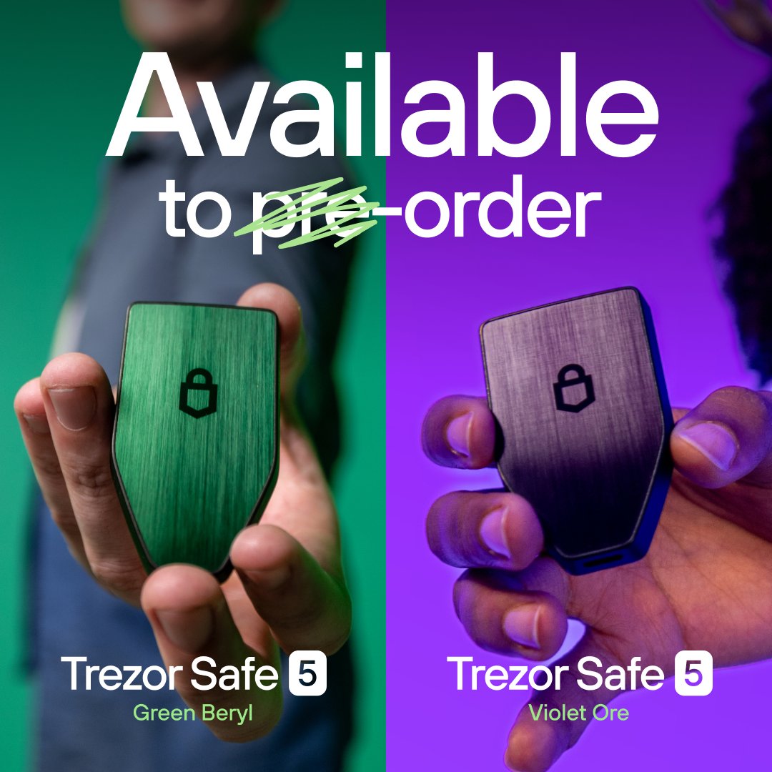 Trezor's tweet photo. Trezor Safe 5 Green Beryl and Violet Ore are now available on our e-shop! 🟢 🟣

Order your favorite color today 👇 

https://t.co/1WWXAxxqSJ https://t.co/cuqwli9w58