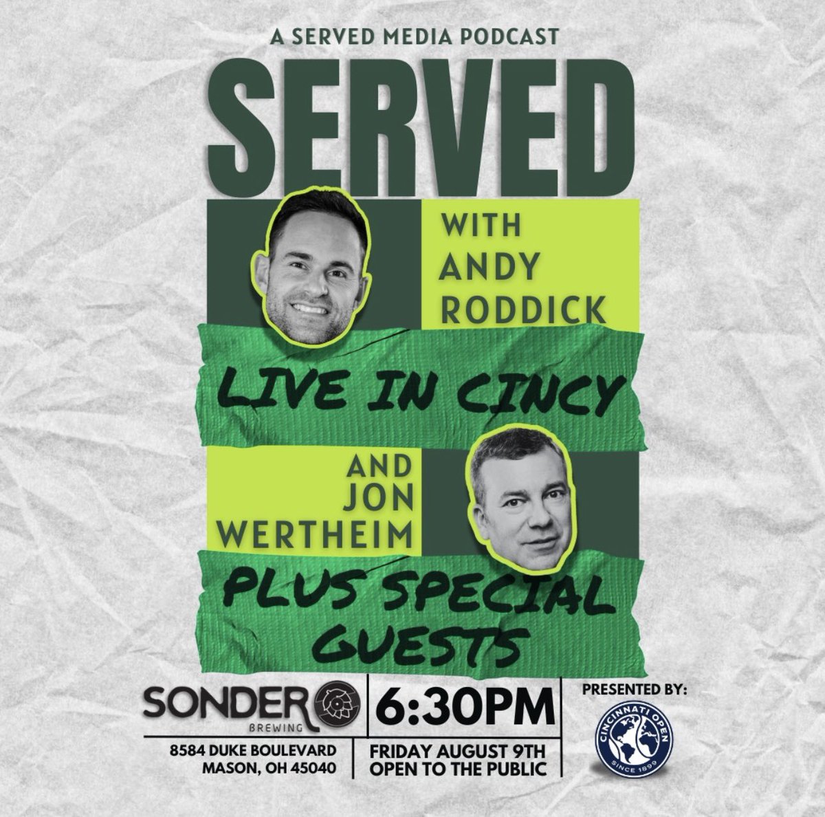 We’re less than a week away from our first ever live show! We’ve teamed up with <a href="/CincyTennis/">Cincinnati Open</a> and we are beyond excited to hang with all of you <a href="/SonderBrewing/">Sonder Brewing</a> THIS Friday at 6:30 PM. We’ll see you there! 🎙️🎾