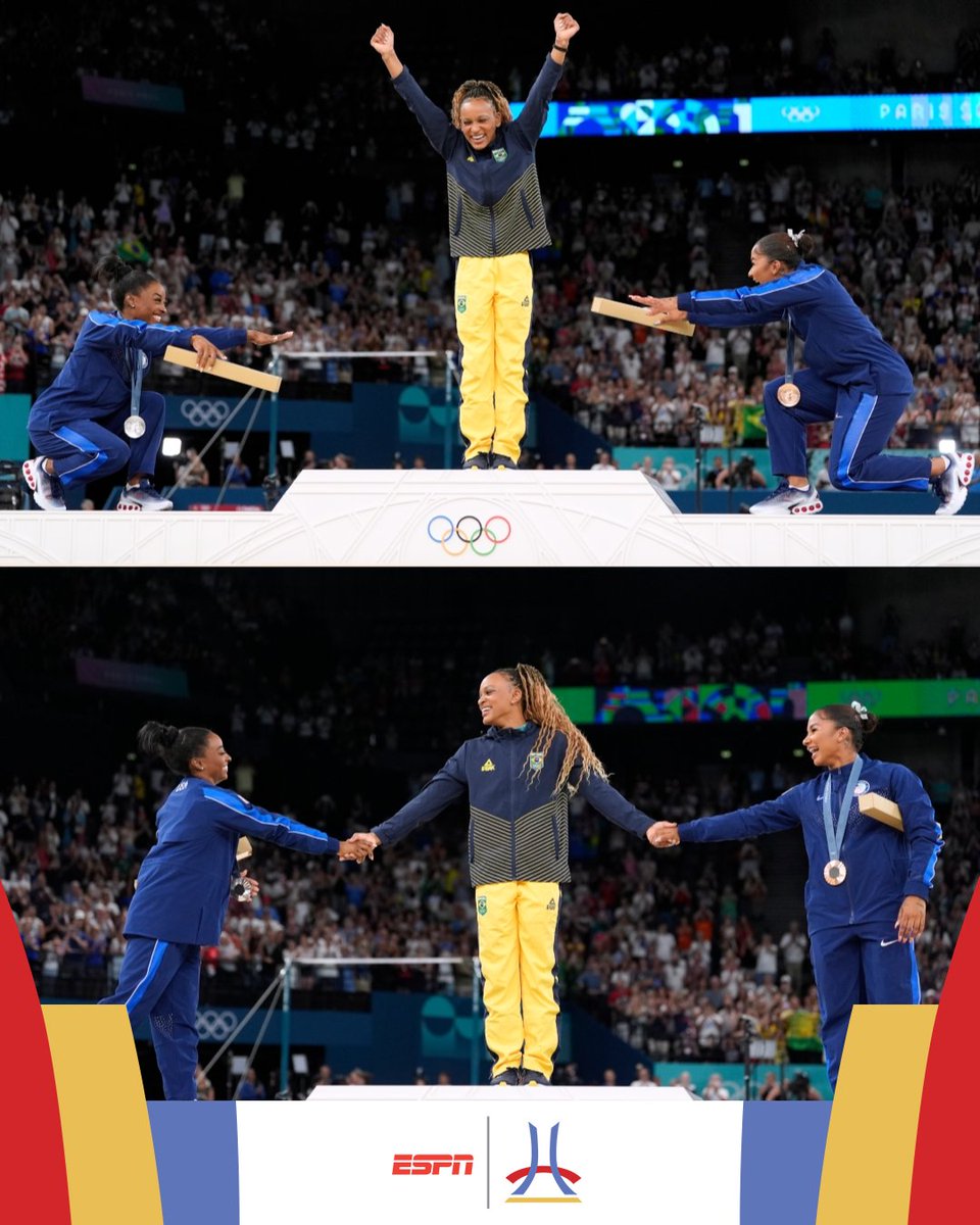 ESPNmx's tweet photo. ¡Respeto y admiración a la campeona en suelo femenil! 👏

Los honores de Simone Biles y Jordan Chiles a la medallista de oro Rebeca Andrade 🇧🇷 🥇

Y no podía faltar la selfie 😎 https://t.co/nY6istFqZx
