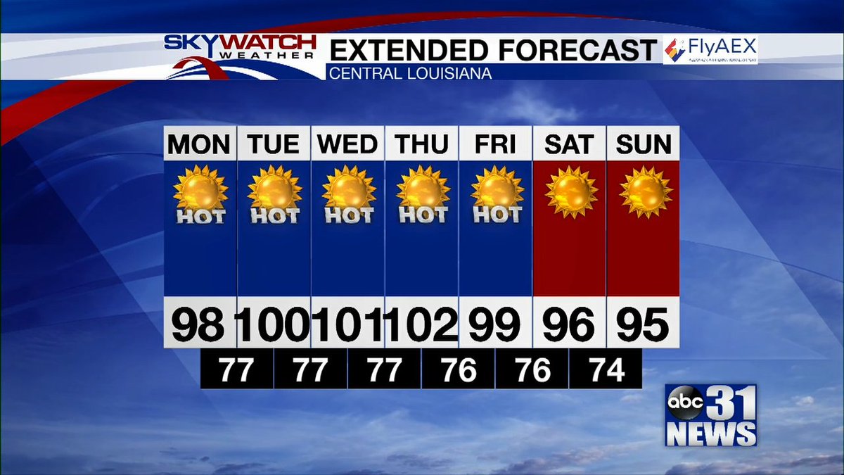 Today - Sunny and hot, with a high near 97. Heat index values as high as 105. Calm wind becoming northeast around 5 mph in the afternoon.
Tonight - Mostly clear, with a low around 76. Calm wind.