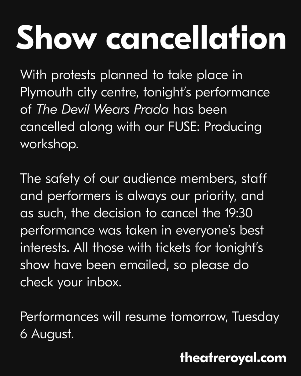 TRPlymouth's tweet photo. Due to circumstances outside of our control, tonight’s performance of The Devil Wears Prada has been cancelled along with our FUSE: Producing workshop. https://t.co/zhzO5wnOpA