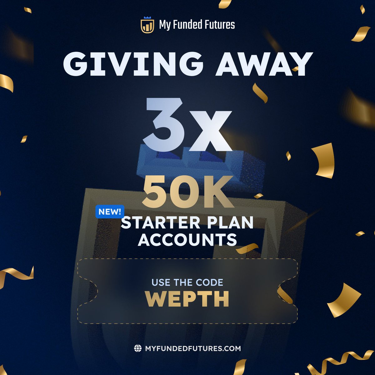 Wepth's tweet image. Giving away 3 @MyFundedFutures (50,000) starter accounts. 

✅ Like &amp;amp; Retweet
✅ Tag 3 People 
✅ Follow me

Winners selected August 10, 2024