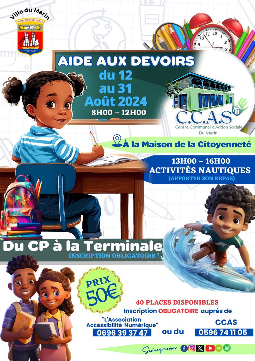 L’𝐀𝐢𝐝𝐞 𝐚𝐮𝐱 𝐝𝐞𝐯𝐨𝐢𝐫𝐬 pour les élèves des classes de CP à la Terminale
🗓 du 12 au 31 août 2024
🕖 8h -12h
📍Maison de la citoyenneté 

☣️ Inscription obligatoire (numéros de téléphone sur le flyer)

#lemarin
#ccassumarin