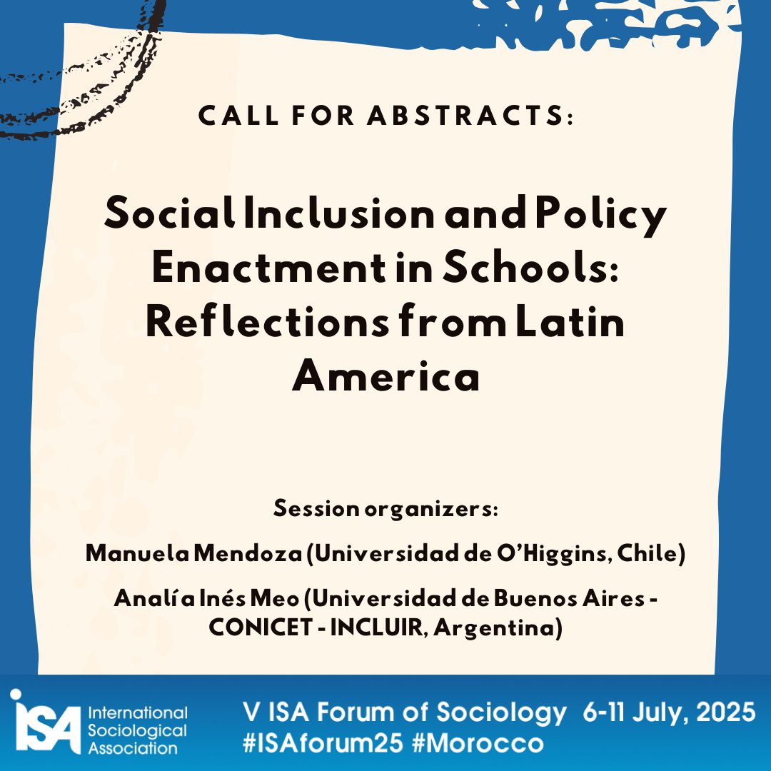 📢Recibimos resúmenes (300 palabras en inglés o español,) a través del Research Committee de Sociología de la Educación (RC04), en la página web de ISA. Hasta el 15 de octubre. 
Más detalles en👇:
isaconf.confex.com/isaconf/forum2…