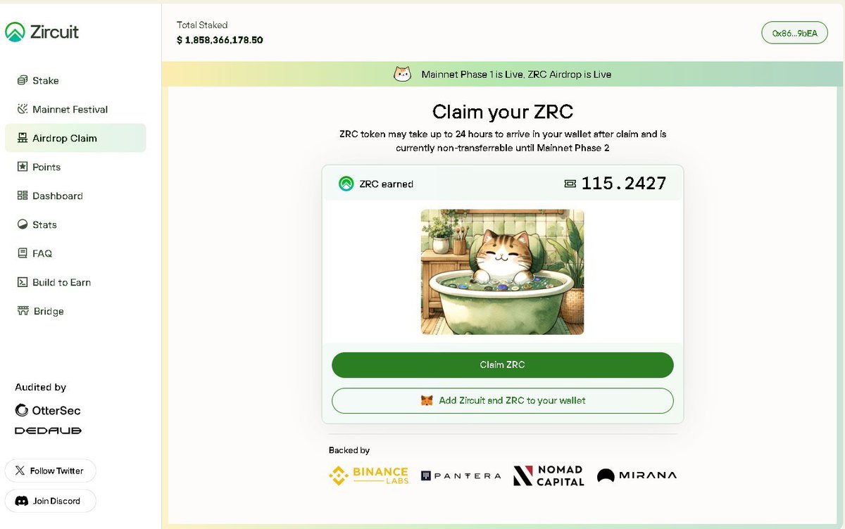 突然看到@ZircuitL2 可以领空投了，并且上了主网👇 https://t.co/nN6oOXt07d 虽然很想说这个时机......  对了，领取后等主网第二阶段才开启交易