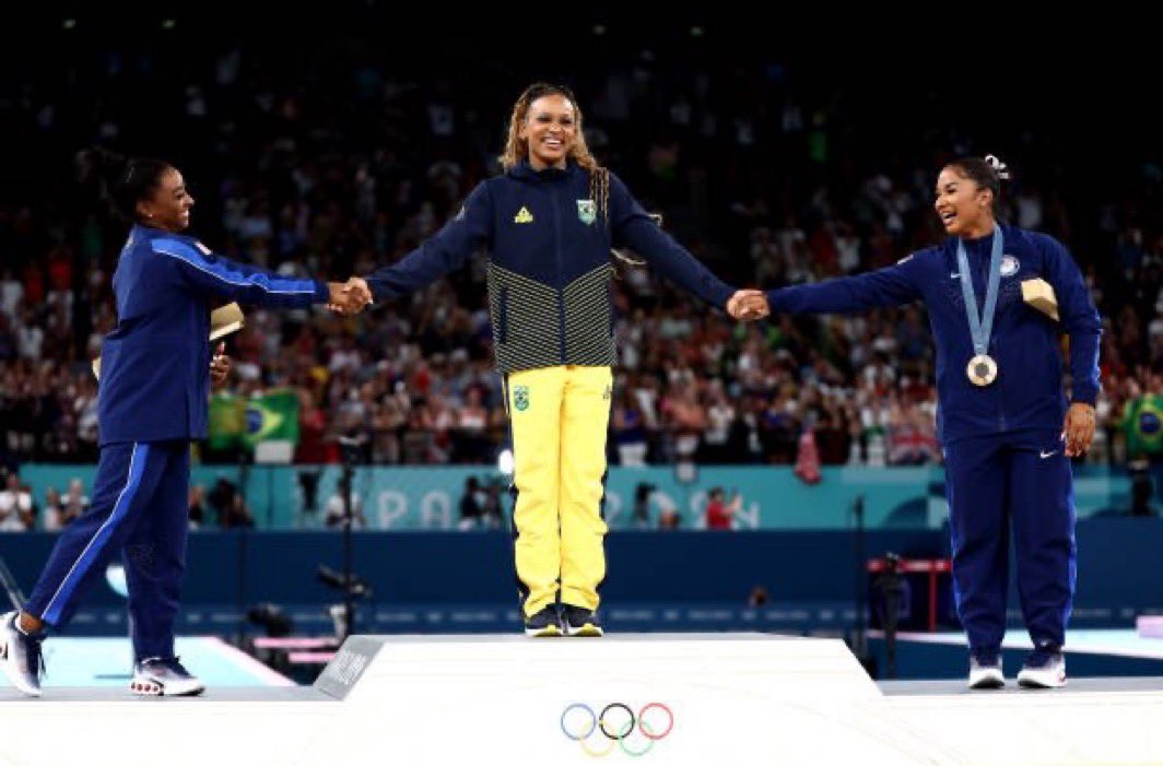 Essence's tweet image. Black Women Win, AGAIN! 

For the first time in history, three Black women swept the medals for the Floor Exercise, all while competing to Beyoncé songs, proving that they’re all THAT GIRL. 

Congrats, Rebeca Andrade, Simone Biles, and Jordan Chiles! 

📸: Getty Images