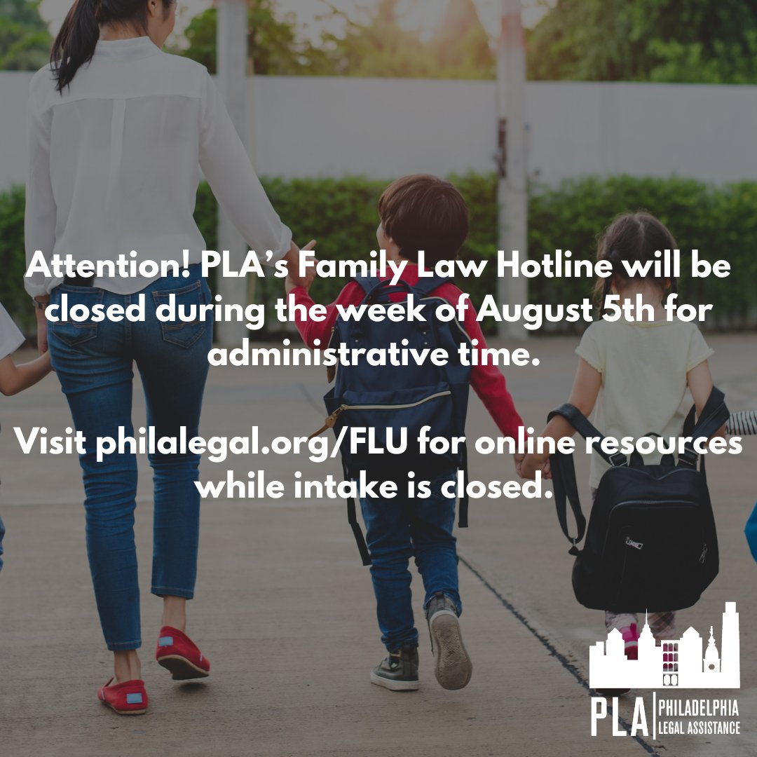 Just a reminder that our Family Law Unit's hotline is closed this week for administrative time. Please visit philalegal.org/FLU to find useful information about Family Law issues on our website, including how to file for a Protection From Abuse Order.