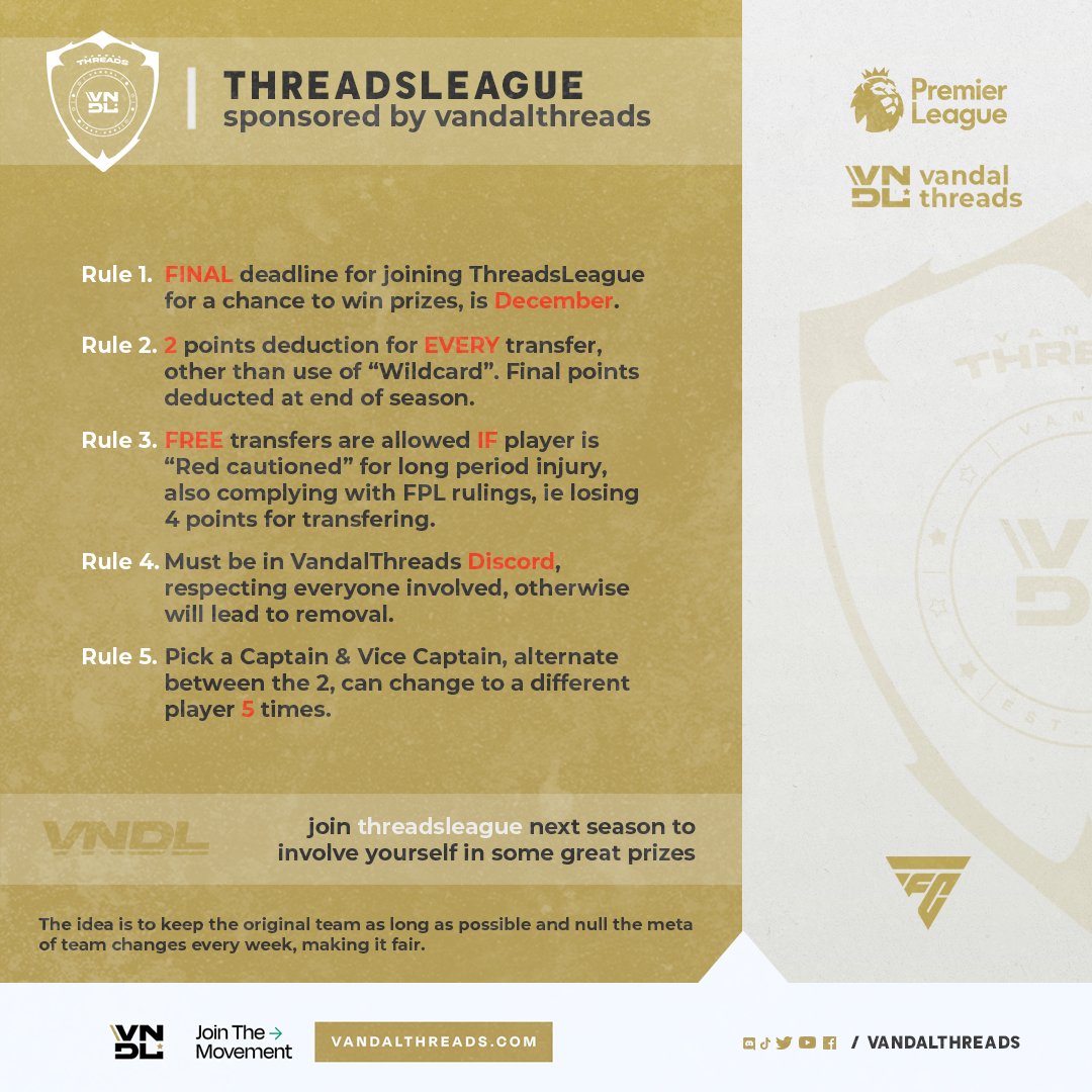 VandalThreads's tweet image. ThreadsLeague!!🏆

Back up and running for our 2nd year, join in the fun and win some great prizes, with some added rulings.👀

Create your FREE FPL team today!🔥

Will you win the league?🤔

#ThreadsNetwork | #ThreadsLeague | #FPL