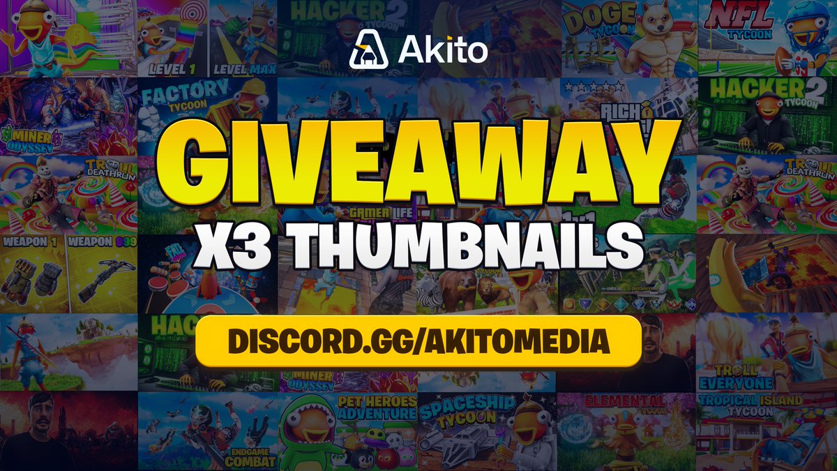 Akito Media (@akitomedia) on Twitter photo 🚨 GIVEAWAY 🚨
We will be raffling x3 Thumbnails for Fortnite Creative Maps and there will be 3 winners. 🏆
Do you want to participate and win?
. Like this post + RT ♻️ (required) ✅
. Follow <a href="/AkitoMedia/">Akito Media</a> (required) ✅
. Comment “done”
Ends on August 19th ‼️ 🚨 GIVEAWAY 🚨
We will be raffling x3 Thumbnails for Fortnite Creative Maps and there will be 3 winners. 🏆
Do you want to participate and win?
. Like this post + RT ♻️ (required) ✅
. Follow <a href="/AkitoMedia/">Akito Media</a> (required) ✅
. Comment “done”
Ends on August 19th ‼️