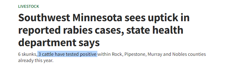 RealCheckMarker's tweet photo. Rabies: up to 6 cases in Minnesota?

We often talk about pigs as mixing vessels for avian influenza.

We should talk about cows as mixing vessels for ALL mammalian viruses & @USDA's anti-vax position.
1/
#ZeroRabies #ZeroInfluenza #ZeroMeasles #ZeroSARS