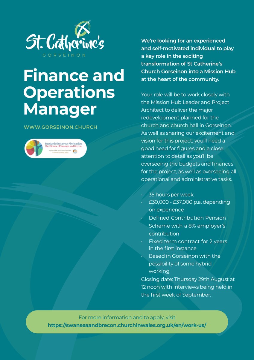 <a href="/stcathgorseinon/">St Catherine's Gorseinon</a> is seeking a Finance and Operations Manager.

Find out more here swanseaandbrecon.churchinwales.org.uk/en/work-us/fin…