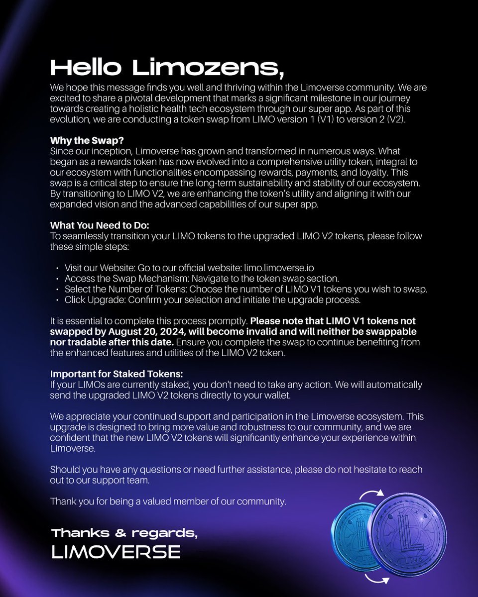 limoverseglobal's tweet photo. 🚨 IMPORTANT ANNOUNCEMENT 🚨

The token swap mechanism is now live! Visit https://t.co/n5SE1Y1e4f to upgrade your LIMO to LIMO V2. 

Kindly ensure to complete the swap by August 20th, 2024 to unlock enhanced features and utilities! 🚀 https://t.co/UMilJHok7x
