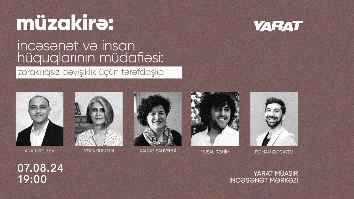 Məişət zorakılığı mövzusunda effektiv qanunlar, bu problemə dair mübarizə layihələri, habelə bu kimi sosial məsələlər incəsənət vasitəsilə insanlara necə düzgün çatdırılmalı?
🎙️Moderator: Roman Qocayev
🎙️Spikerlər: Anar Vəliyev, Vəfa Rüstəm, Vüsal Rəhim, Xalisə Şahverdi