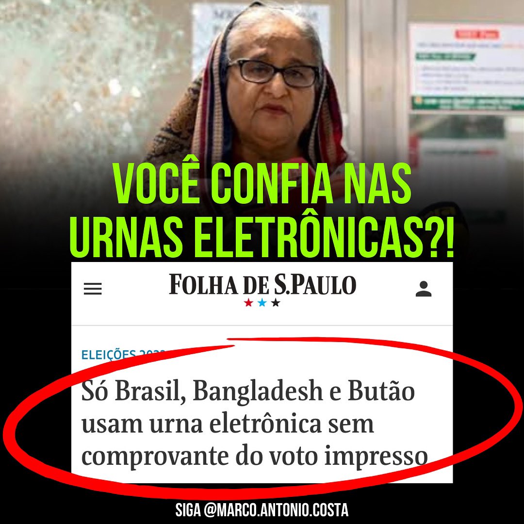 realmacosta's tweet photo. 🚨VEJA: Bangladesh, Brasil e Butão são os únicos países que utilizam urnas eletrônicas sem comprovante impresso. 🤦‍♂️

Hoje, após 15 anos de regime, a ditadura em Bangladesh chegou ao fim com a destituição da primeira-ministra Sheikh Hasina. O povo bangladeshiano se mobilizou e forçou a derrubada do regime. Opine nos comentários 👇