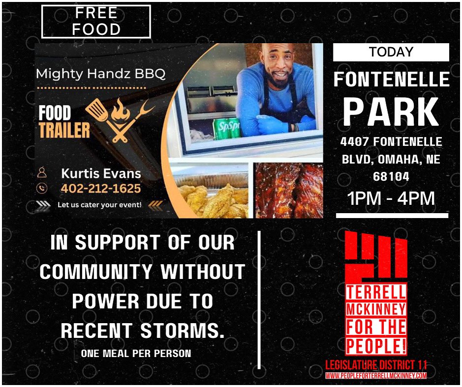 Due to the recent storms and community members still without power we have partnered with Mighty Handz BBQ to provide meals today from 1-4pm at Fontenelle Park!