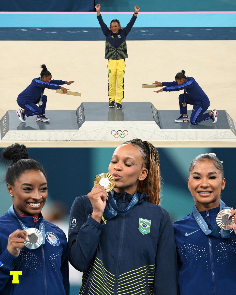 expresso's tweet image. O desportivismo na elite da ginástica. No pódio da disciplina de solo Simone Biles (prata) e Jordan Chiles (bronze) fizeram uma vénia a Rebeca Andrade, a primeira atleta brasileira a conquistar seis medalhas em jogos olímpicos

Leia mais em tribuna.expresso.pt