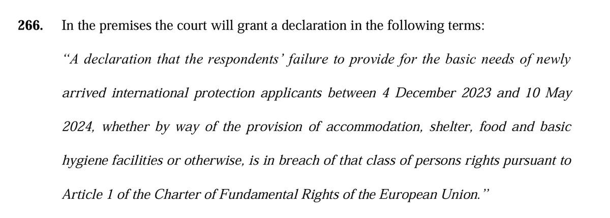 Irish High Court ruled that the government's failure to provide accommodation for asylum seekers is a violation of article 1 of the EU Charter of Fundamental Rights (right to human dignity).  

courts.ie/acc/alfresco/1…